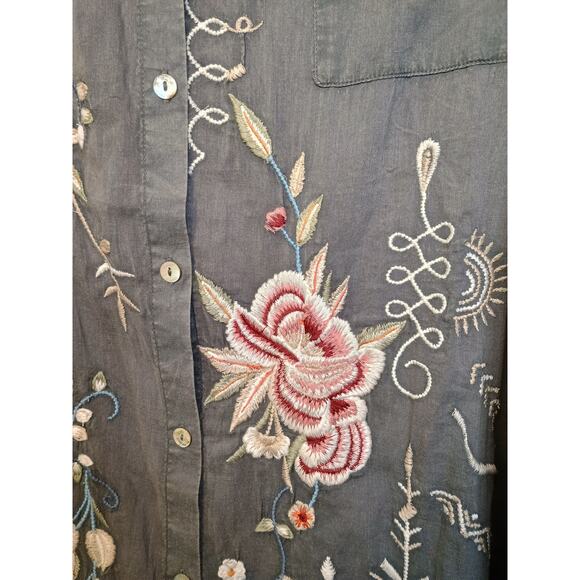 Kyla Seo XL Hand-Embroidered Cotton Tunic Shirt Gray Boho Artisan Blouse - Picture 7 of 16